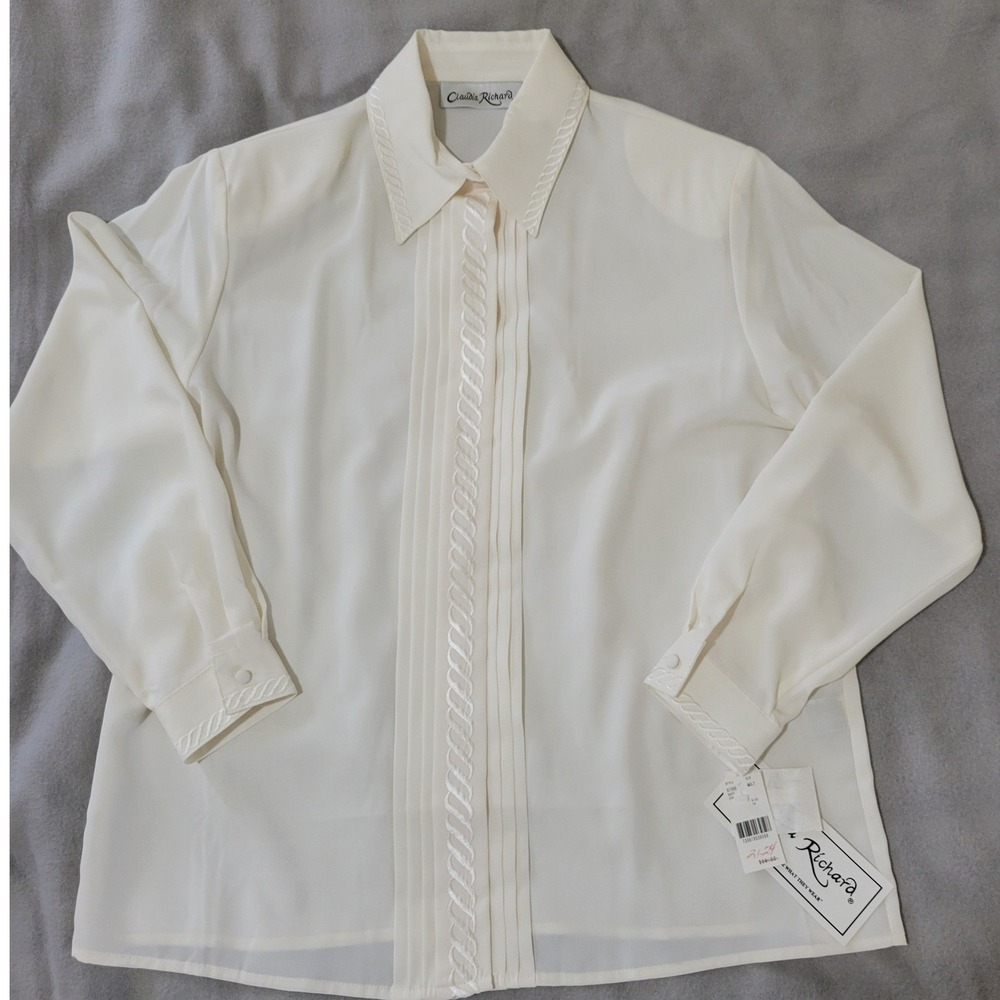 Claudia Richard Vintage Ivory White Pleated Rope Embroidered Blouse Size 14 NWT‎